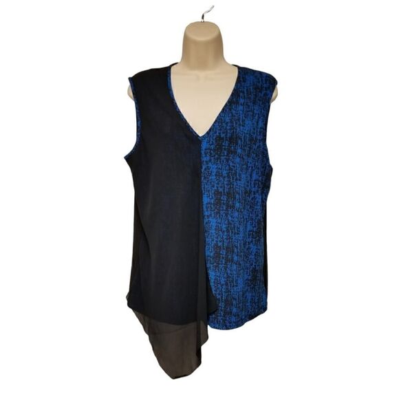 Women's ANNE KLEIN V-Neck Black and Blue Sleeveless Blouse Size 12 NWT - Picture 1 of 10